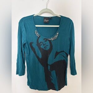 Vintage Mango Teal Graphic Long Sleeve Top